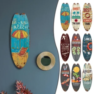 Vintage Wooden Printed Door Sign Sea Surfboard Summer Beach Ocean Theme Decorative Board Welcome Bar Home Wall Hanging Pendant